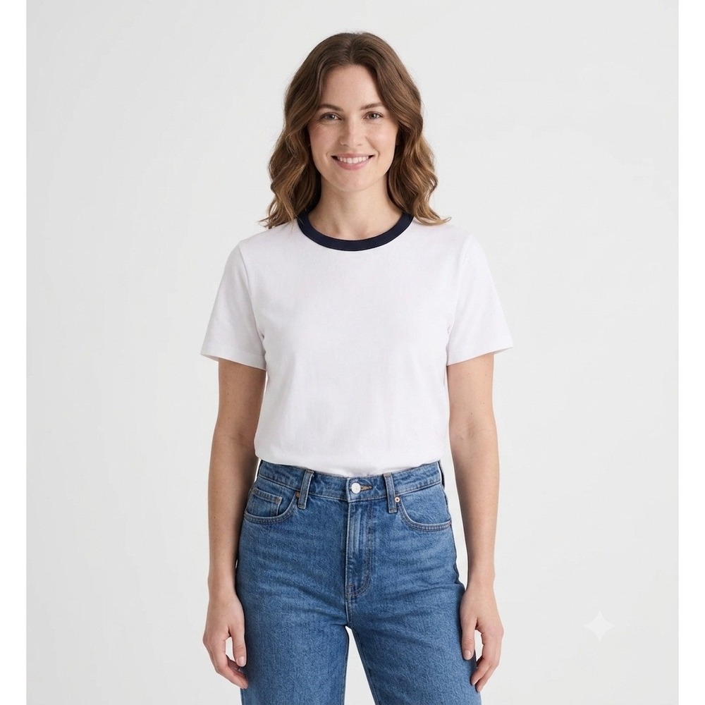 Madewell Womens XS Perfect Crewneck Tee Allday Jersey White Black Ringer NY429